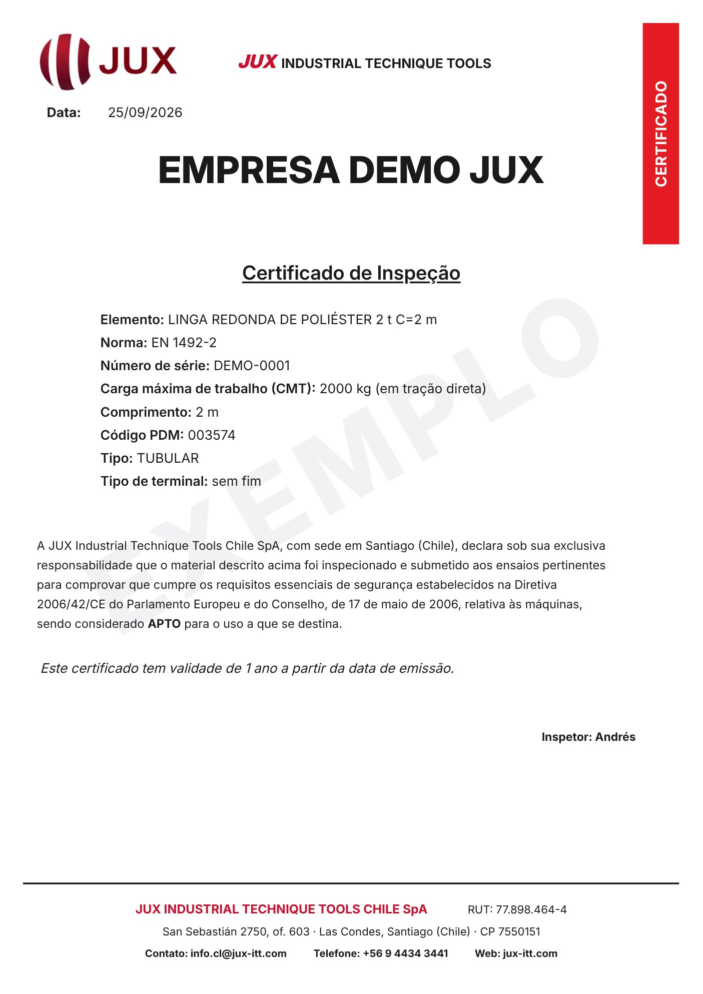 Certificado de inspeção de exemplo emitido a partir da ficha de rastreabilidade