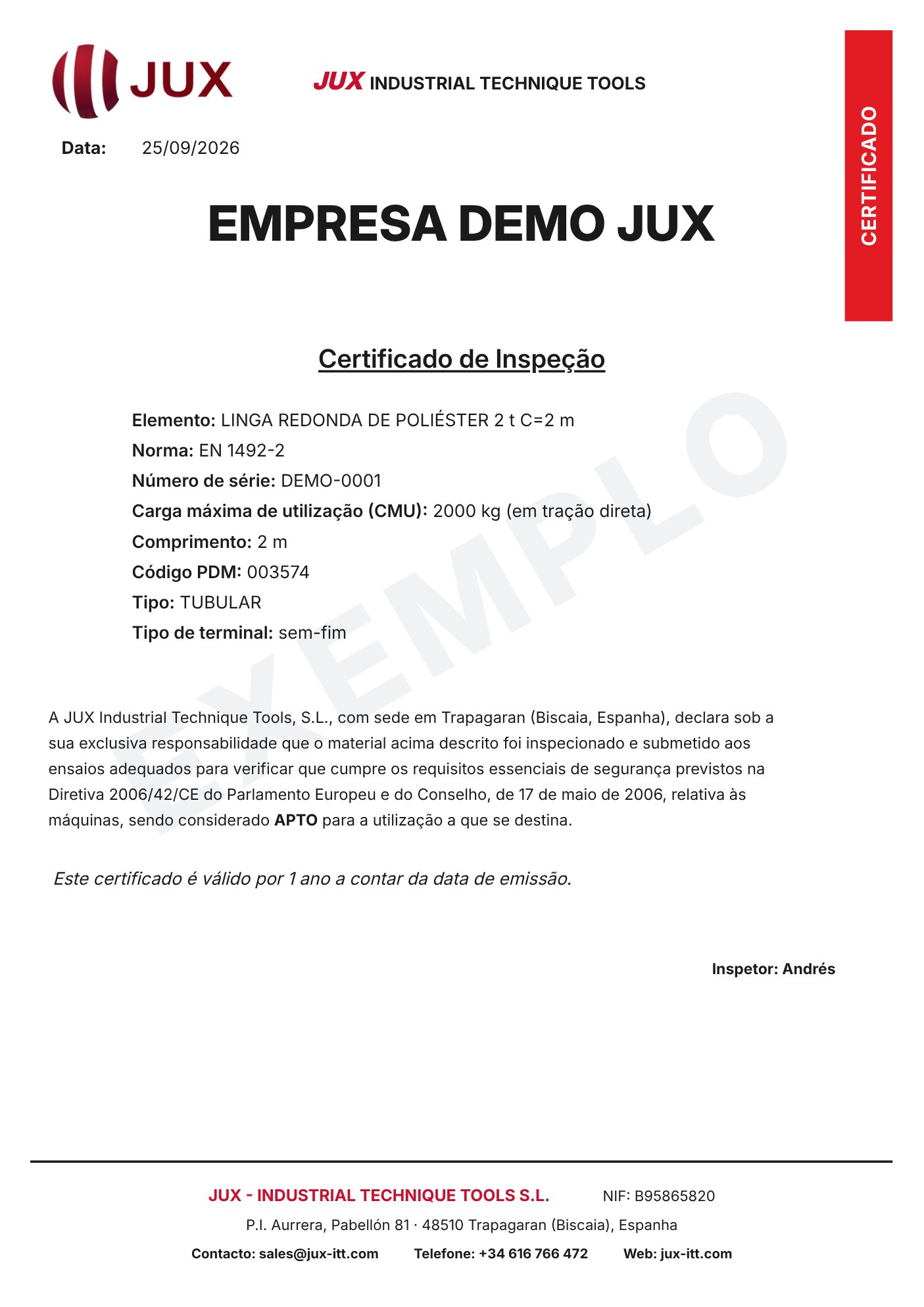 Certificado de inspeção de exemplo emitido a partir da ficha de rastreabilidade